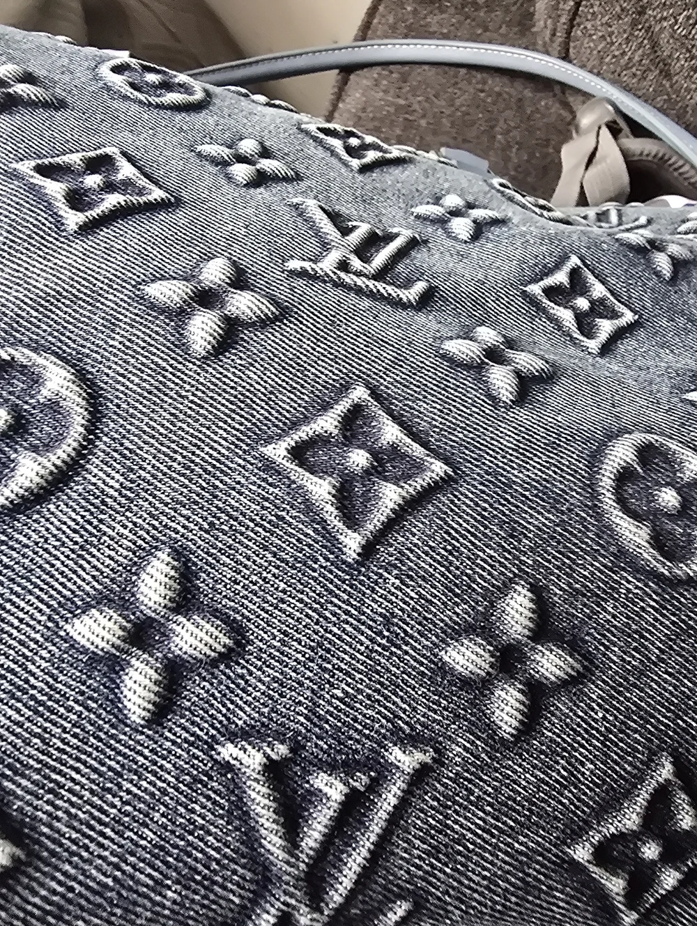 Cotton Denim Deluxe Monogram 30 Pillow Large Tote with Light Blue Leather Trim - Picture 10 of 16